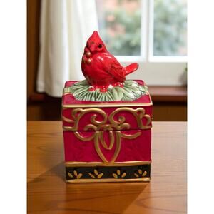 Fitz and Floyd Winter Claus Collection Red Cardinal Lidded Trinket Box with Lid